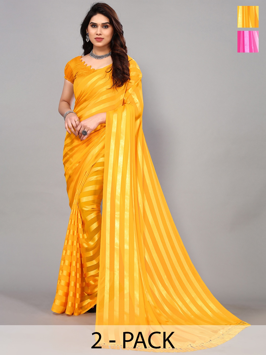 

ANAND SAREES Pack Of 2 Striped Zari Satin Saree, Yellow