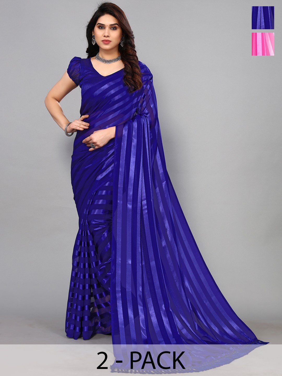 

ANAND SAREES Striped Satin Saree, Blue