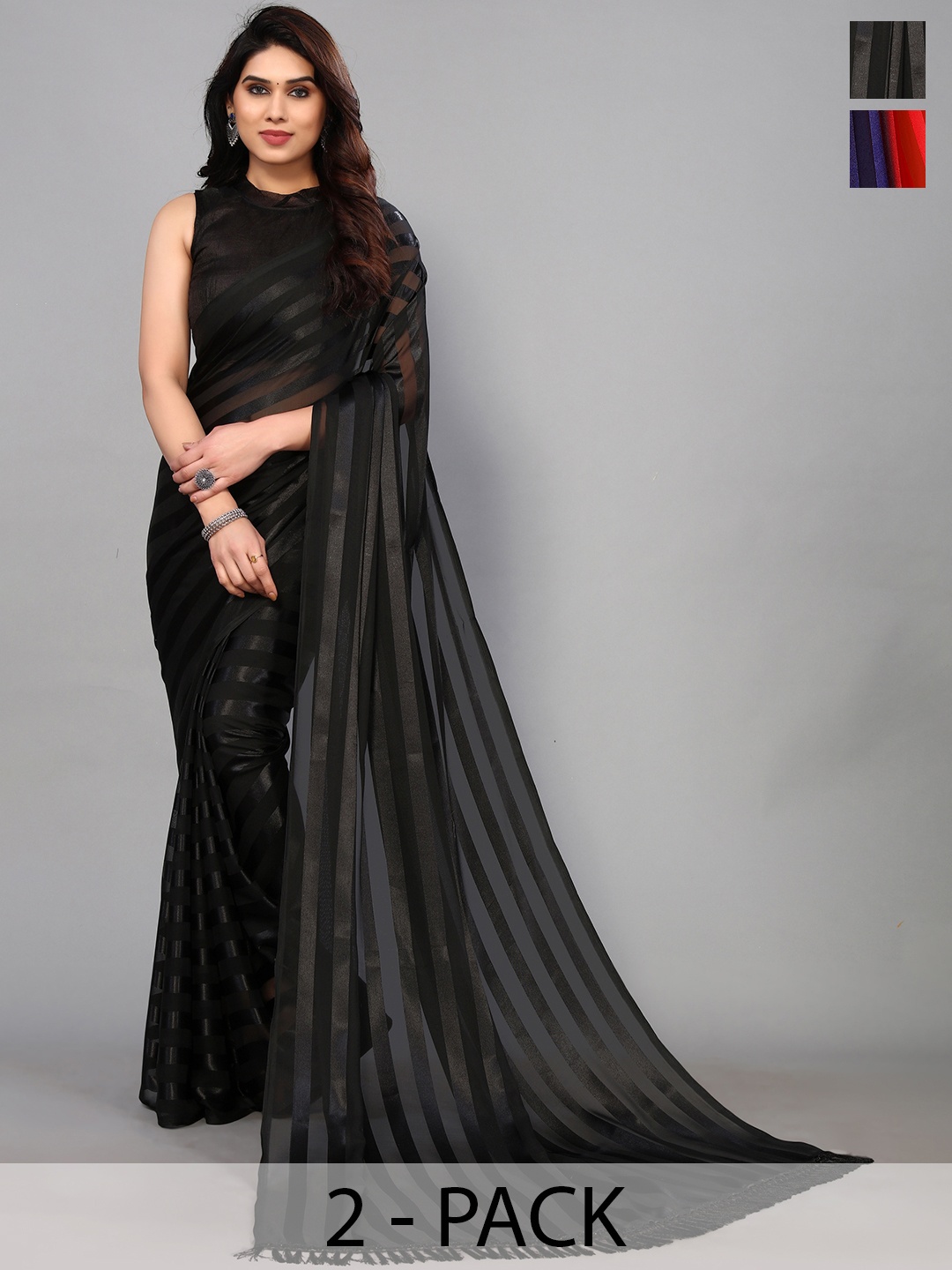 

ANAND SAREES Striped Satin Saree, Black