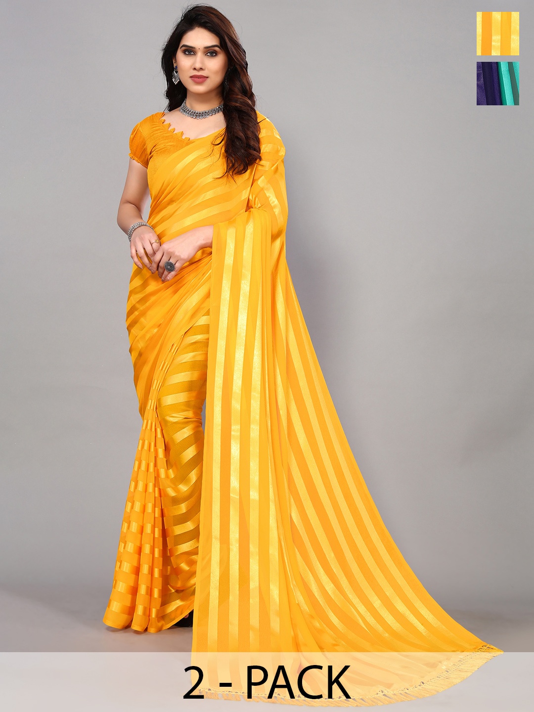 

ANAND SAREES Striped Satin Saree, Blue