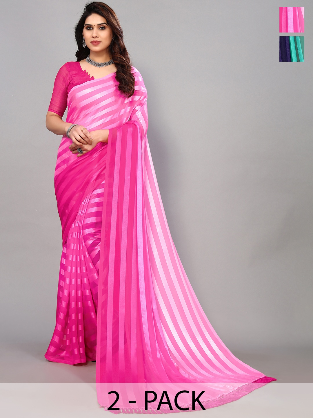 

ANAND SAREES Striped Zari Satin Saree, Pink