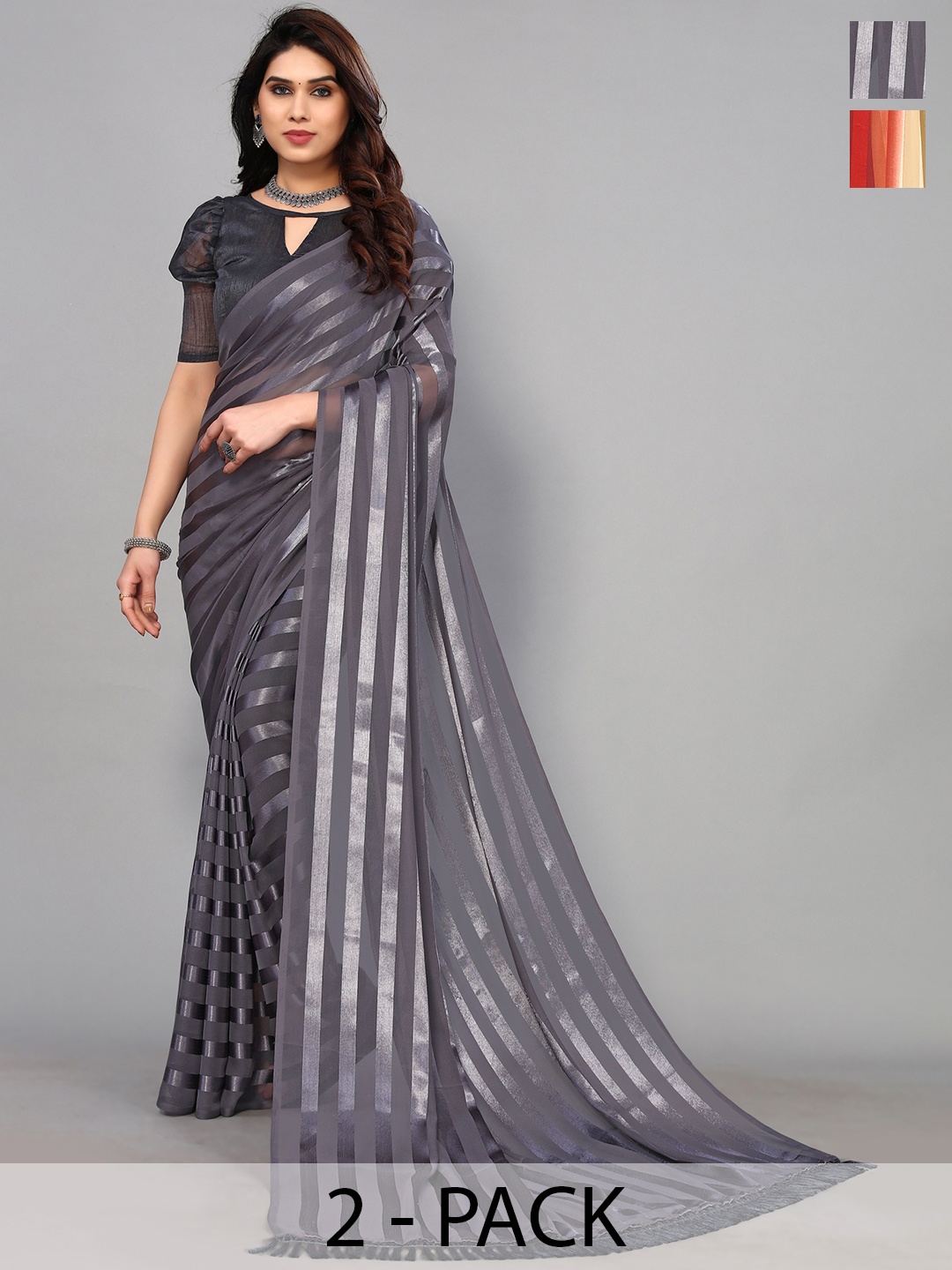 

ANAND SAREES Striped Satin Saree, Grey