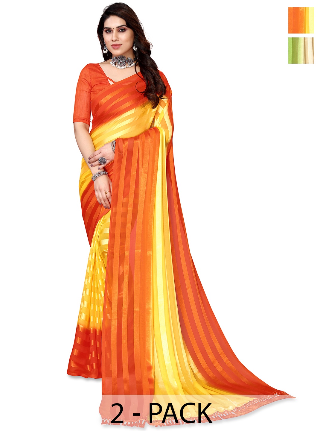 

ANAND SAREES Striped Zari Satin Saree, Orange