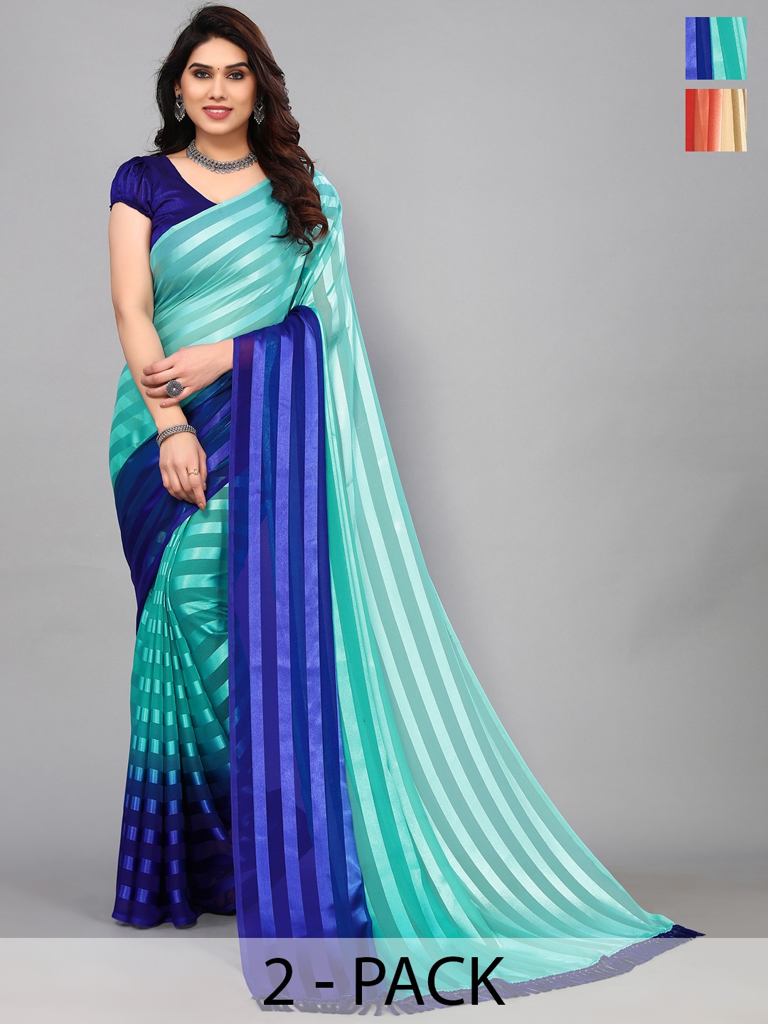 

ANAND SAREES Striped Satin Saree, Blue