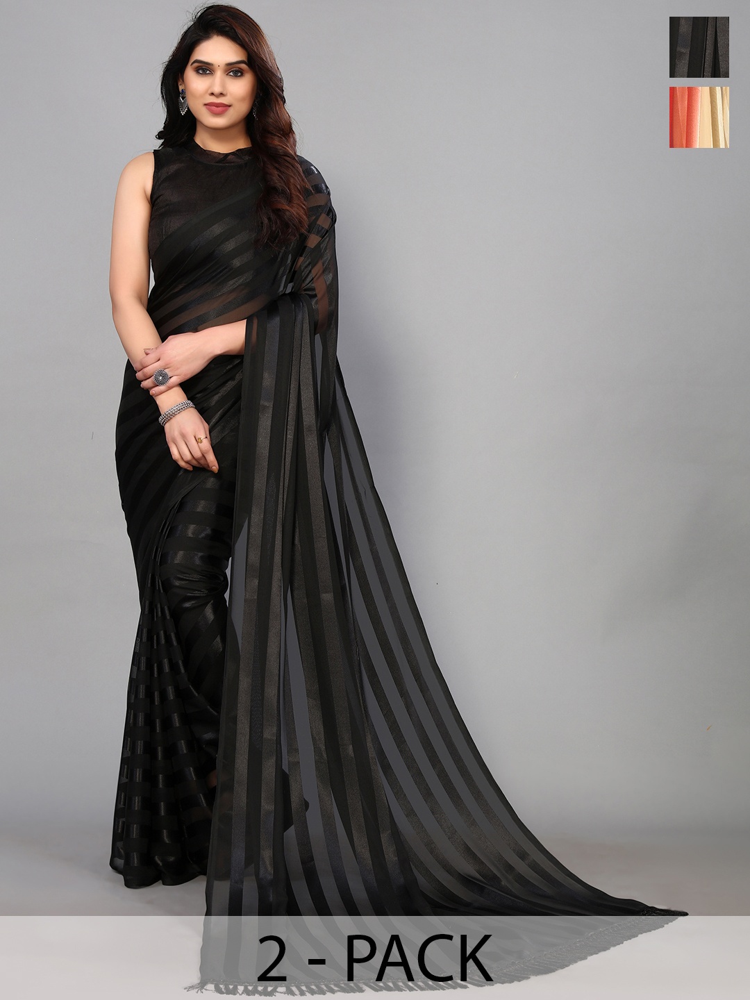 

ANAND SAREES Striped Satin Saree, Black