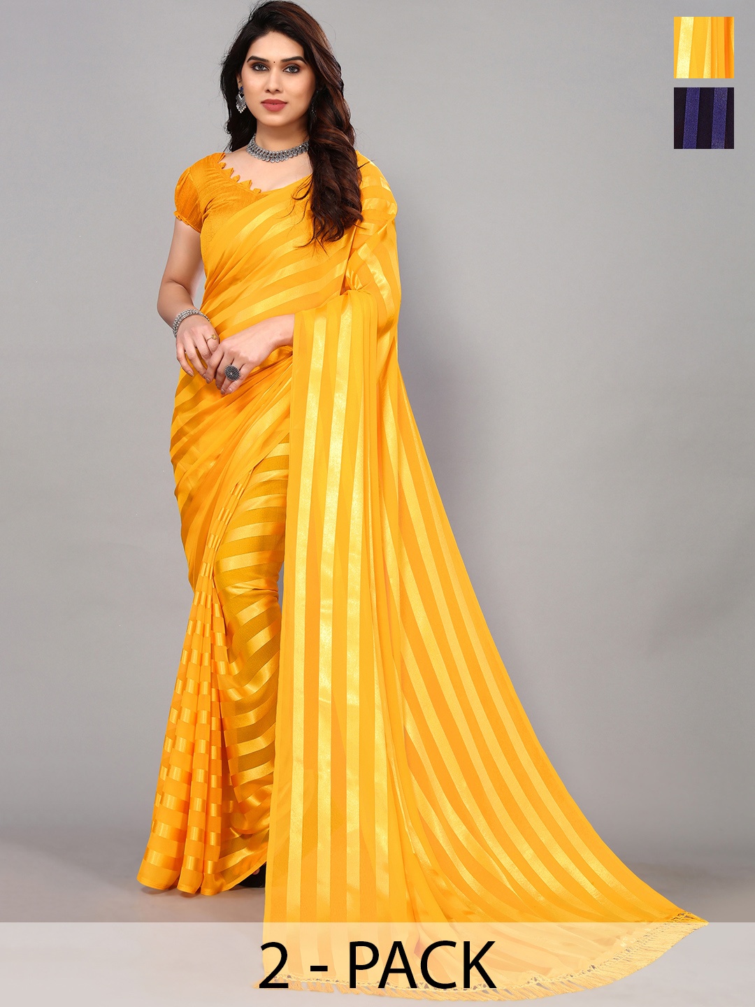 

ANAND SAREES Striped Satin Saree, Yellow