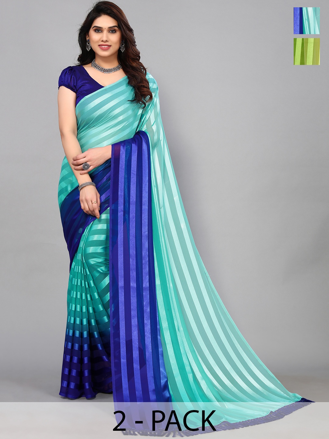 

ANAND SAREES Striped Satin Saree, Blue