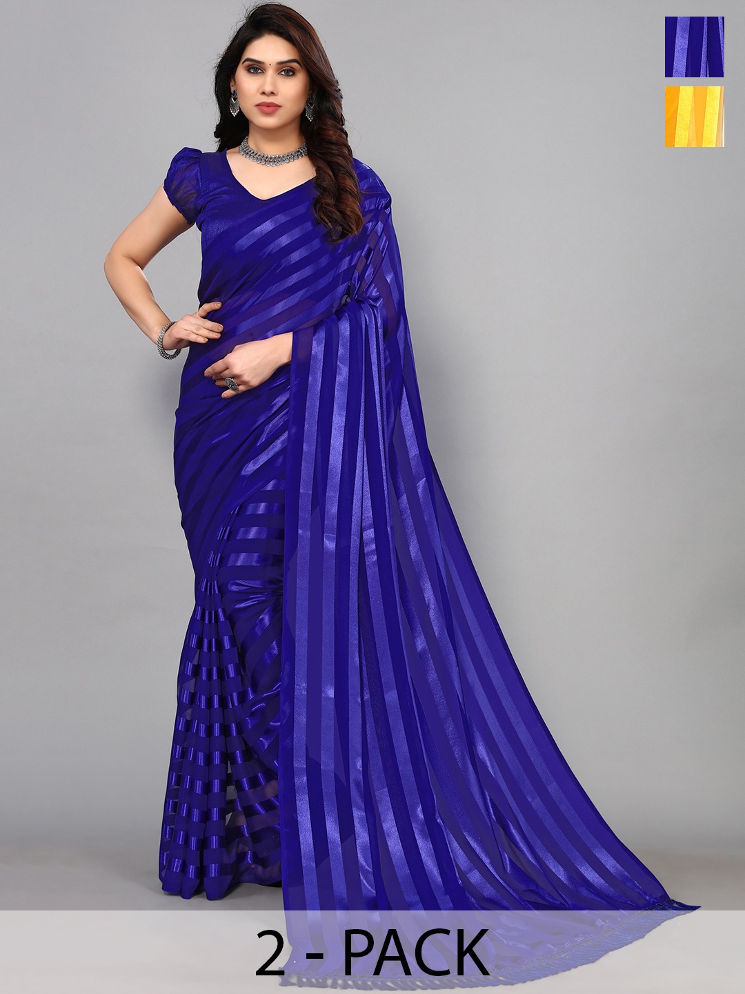 

ANAND SAREES Striped Satin Saree, Blue
