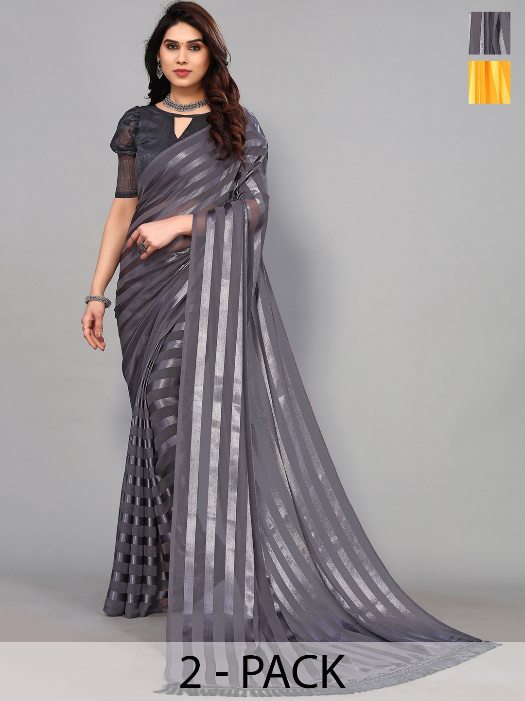 

ANAND SAREES Striped Zari Satin Saree, Grey