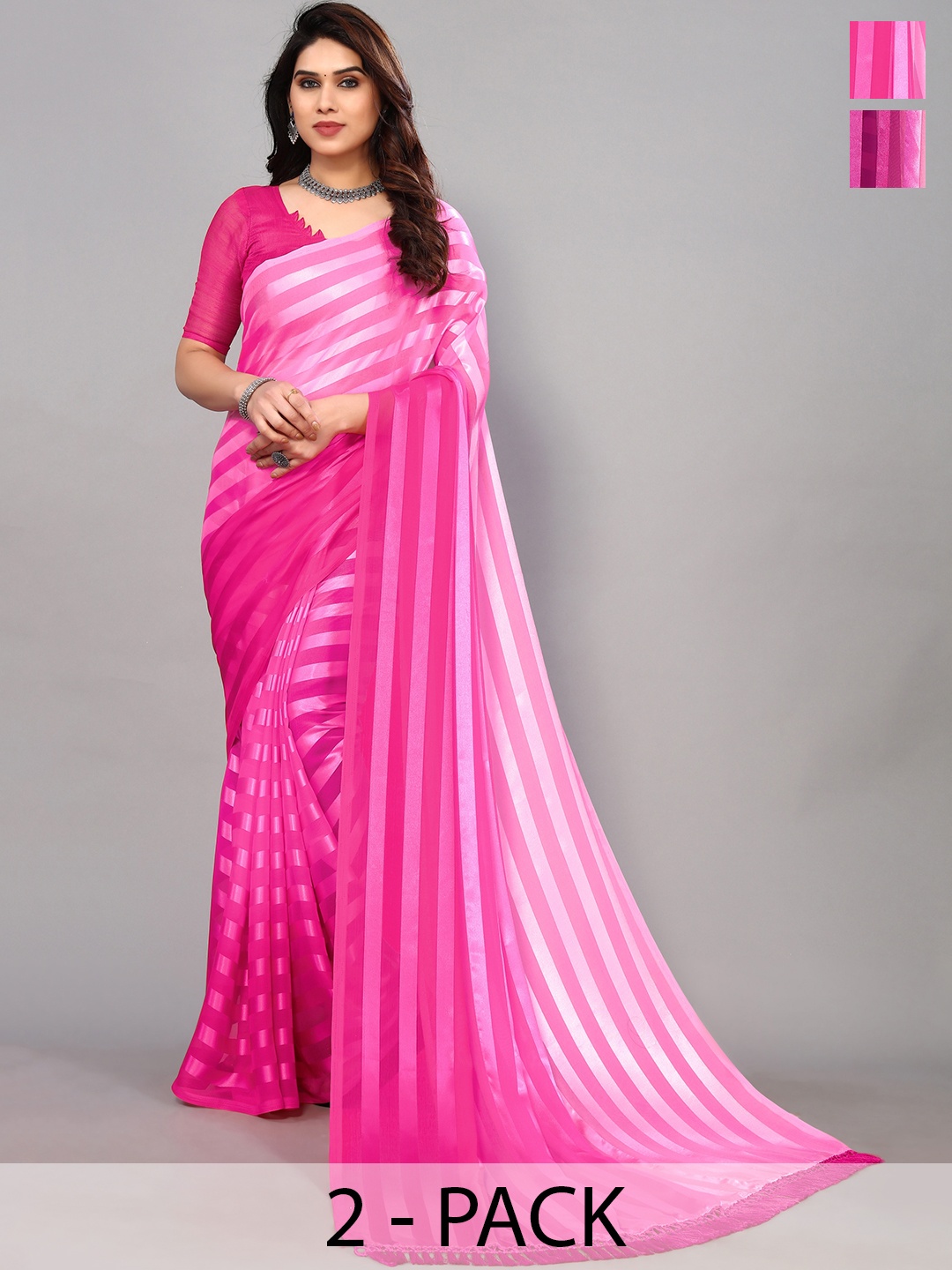 

ANAND SAREES Pack of 2 Striped Satin Saree, Pink