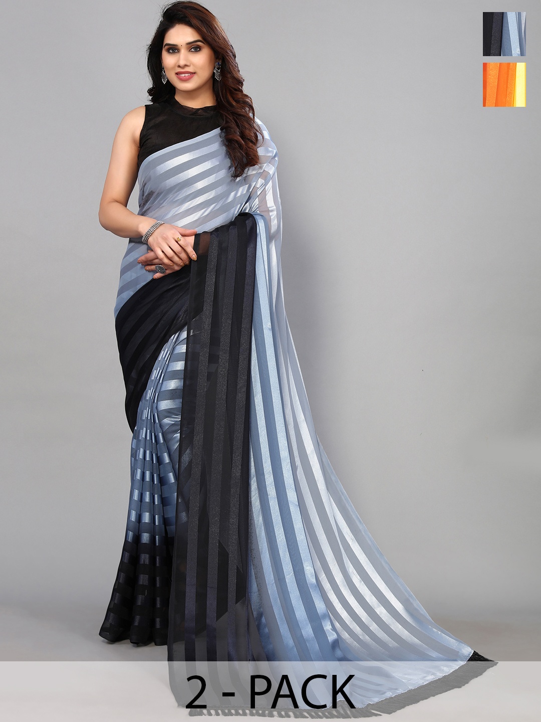 

ANAND SAREES Striped Satin Saree, Grey