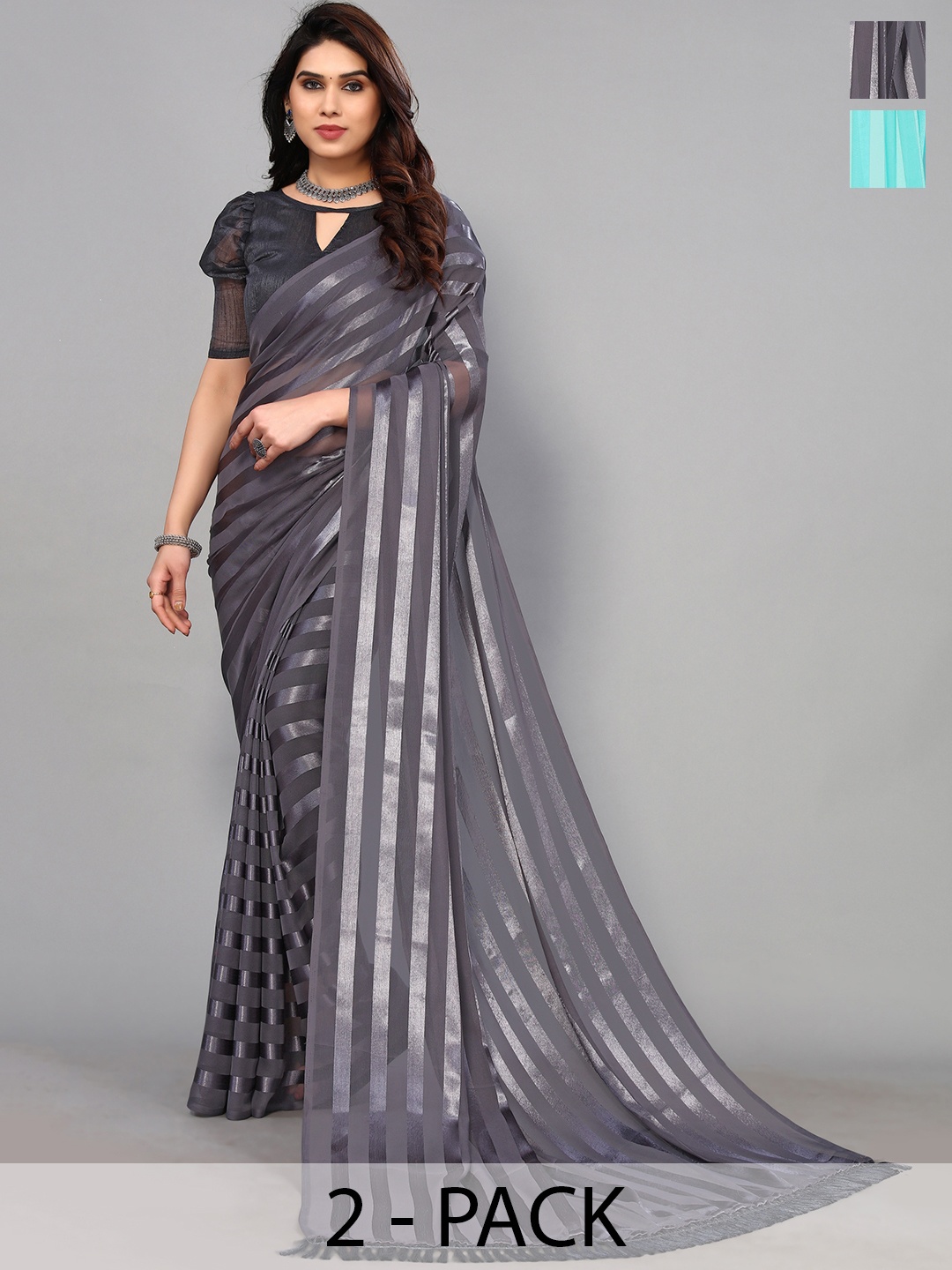 

ANAND SAREES Striped Satin Saree, Blue
