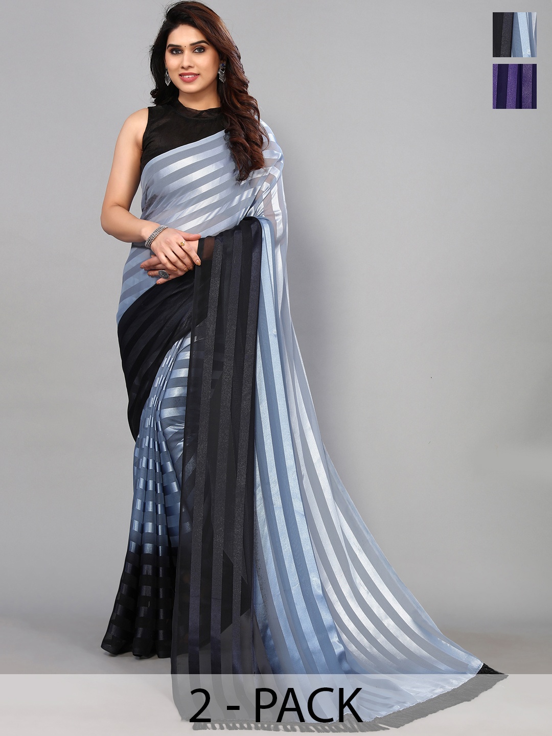 

ANAND SAREES Striped Satin Saree, Black