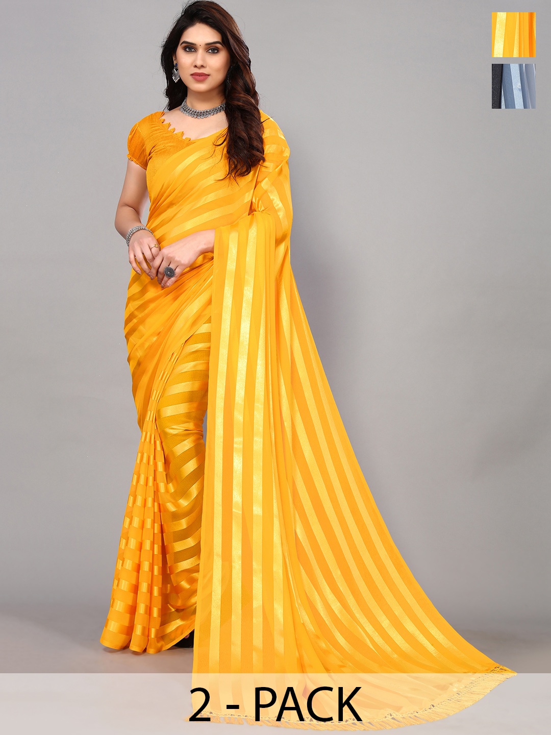 

ANAND SAREES Striped Zari Satin Saree, Yellow
