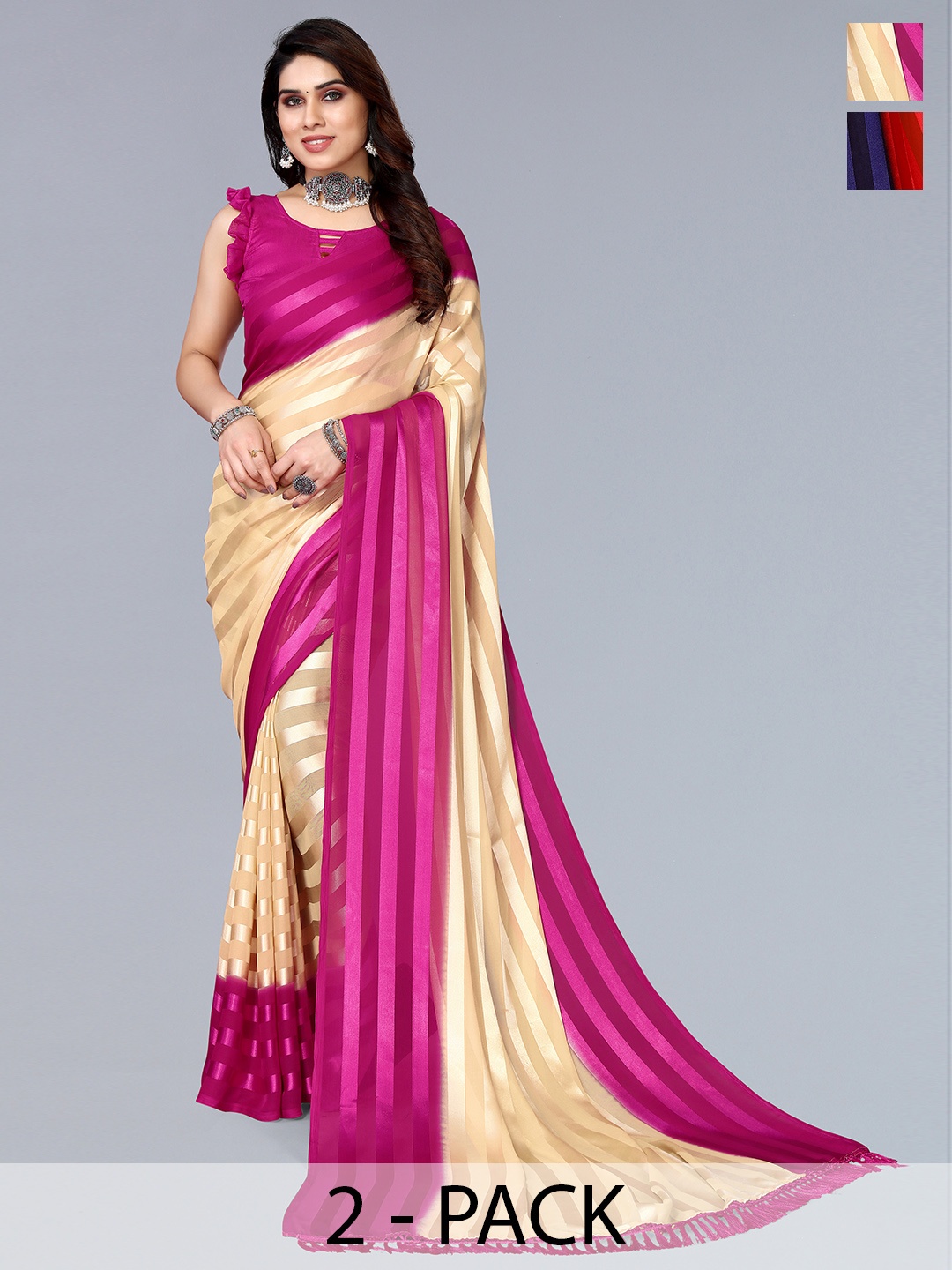 

ANAND SAREES Striped Satin Saree, Red