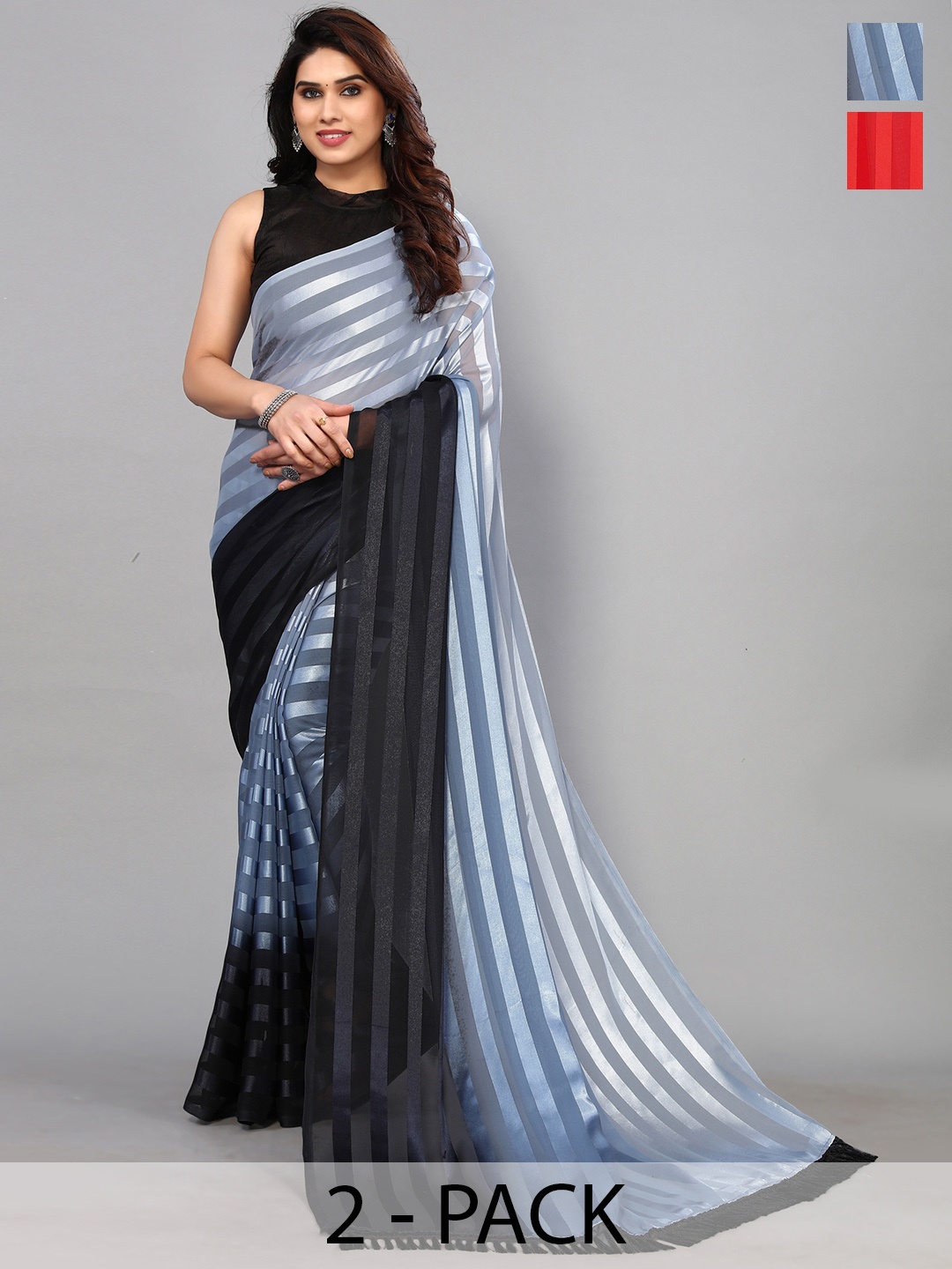 

ANAND SAREES Striped Satin Saree, Red