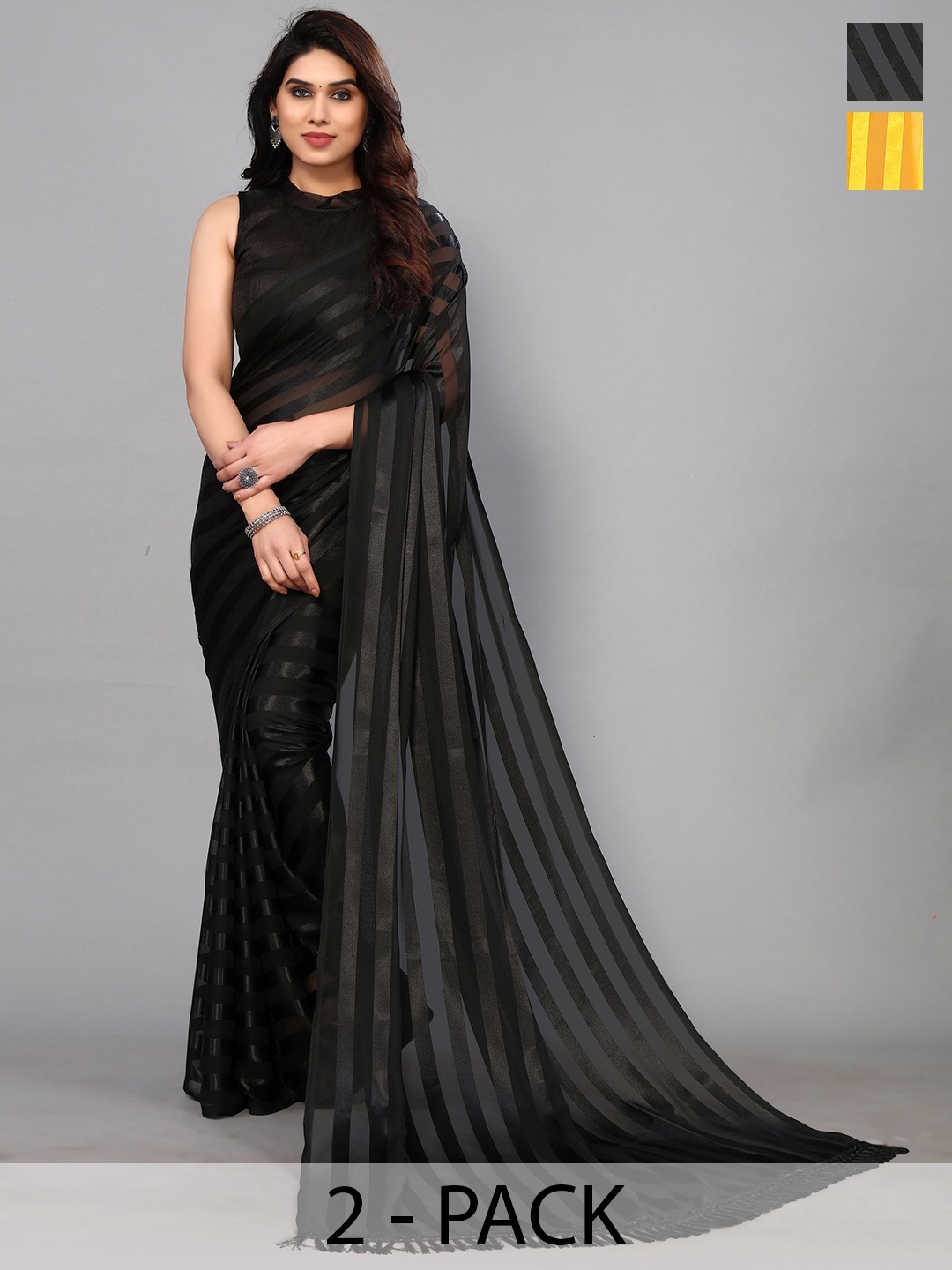 

ANAND SAREES Striped Zari Satin Saree, Gold
