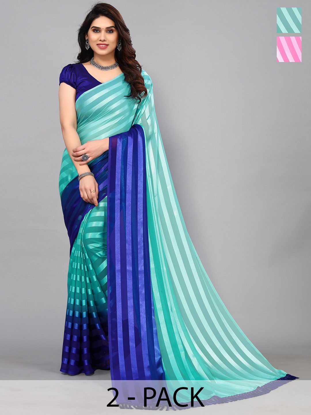 

ANAND SAREES Striped Satin Saree, Pink