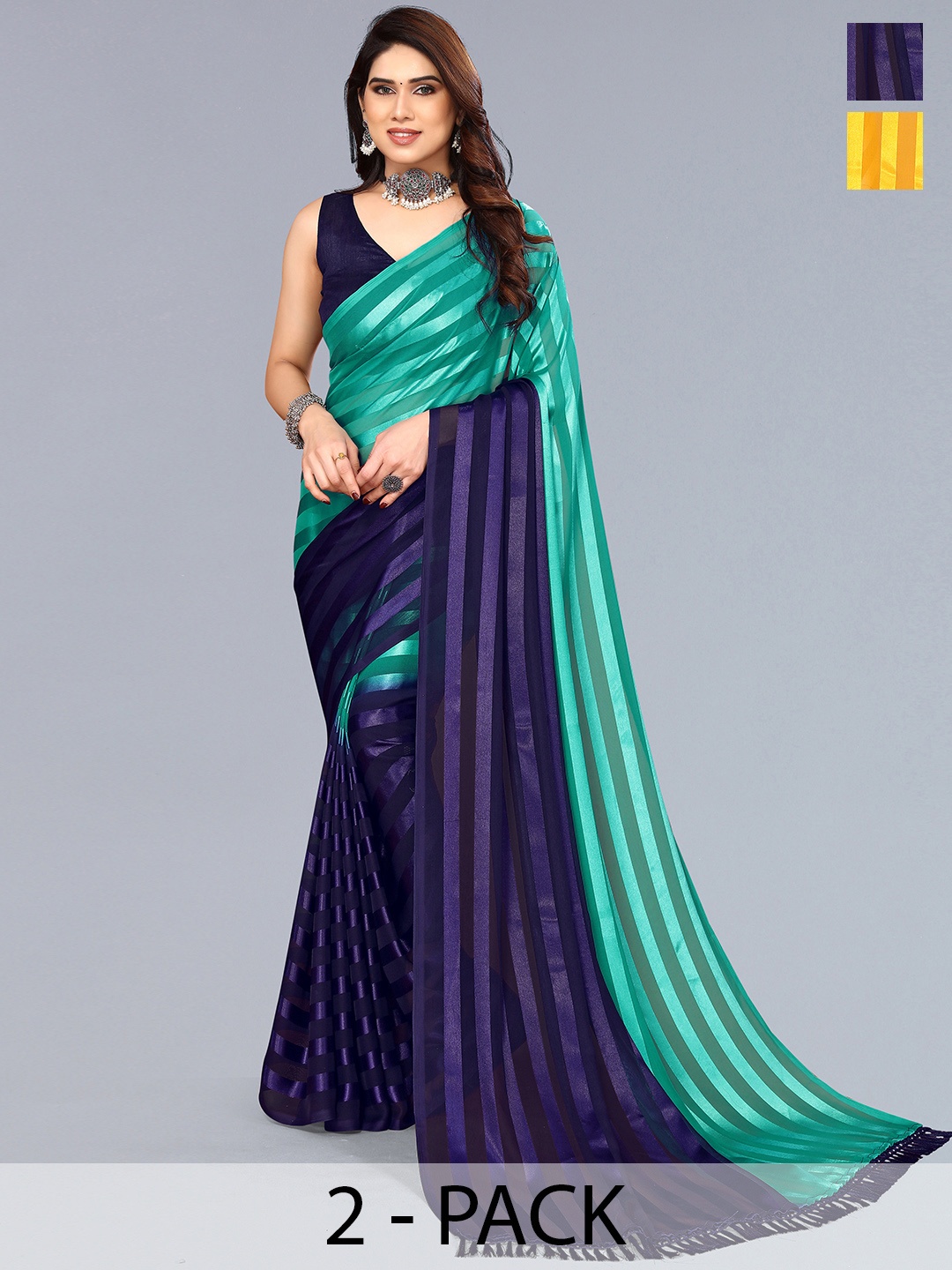 

ANAND SAREES Striped Zari Satin Saree, Gold