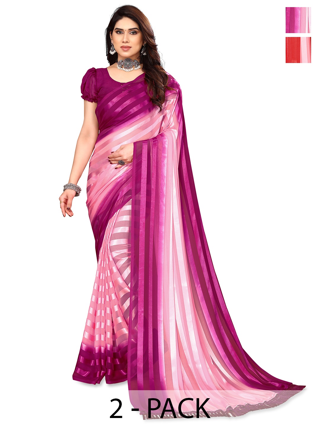 

ANAND SAREES Pack of 2 Striped Satin Saree, Red