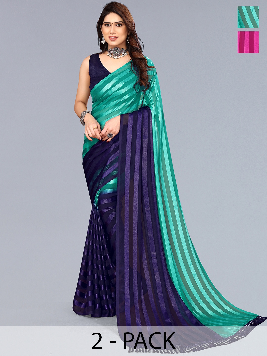 

ANAND SAREES Striped Satin Saree, Blue