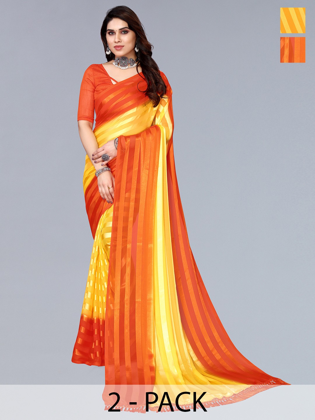 

ANAND SAREES Pack of 2 Striped Satin Saree, Yellow