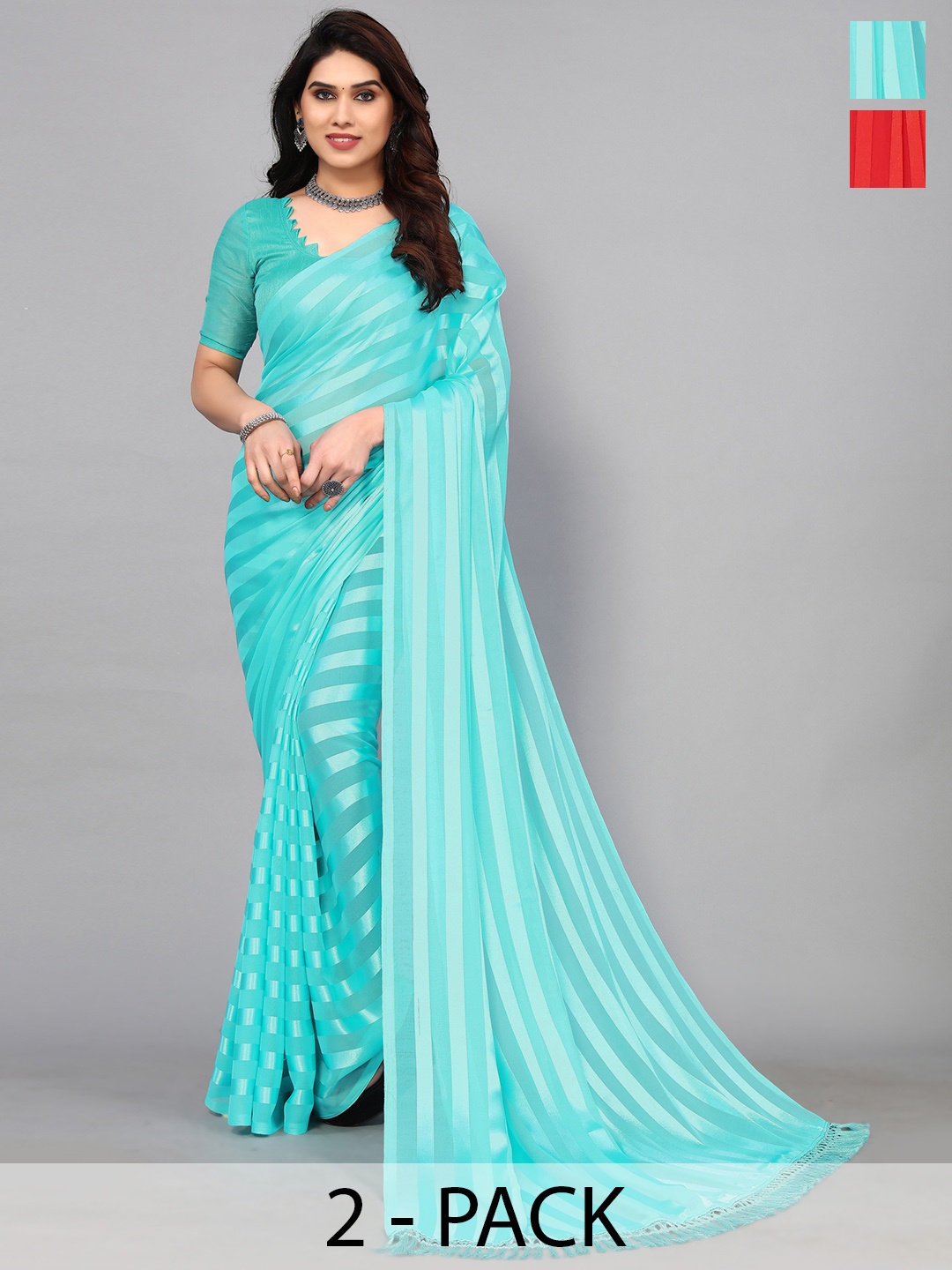 

ANAND SAREES Striped Zari Satin Saree, Sea green