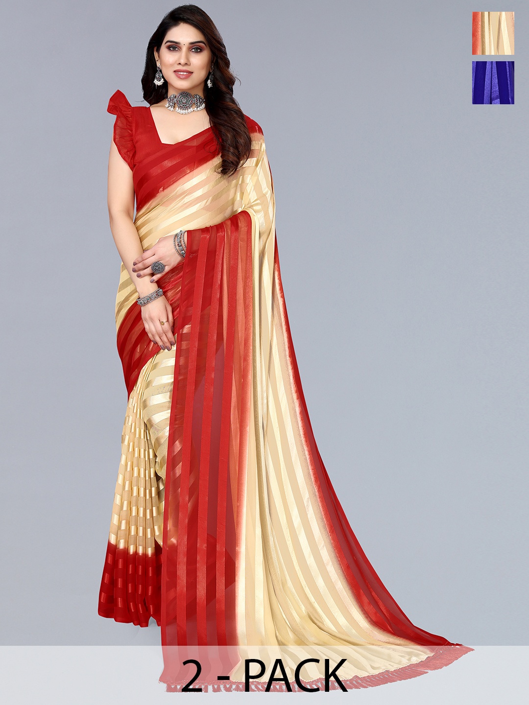 

ANAND SAREES Striped Zari Satin Saree, Blue