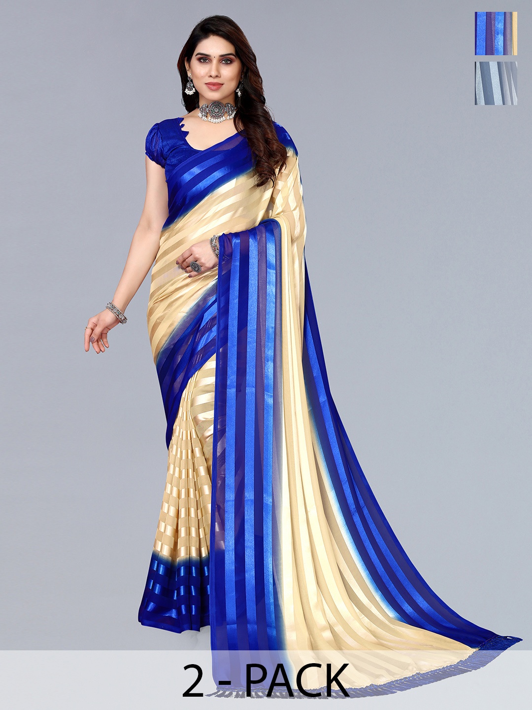 

ANAND SAREES Striped Satin Saree, Blue