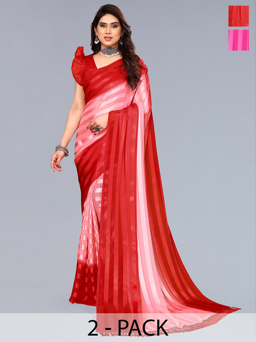 

ANAND SAREES Striped Zari Satin Saree, Pink