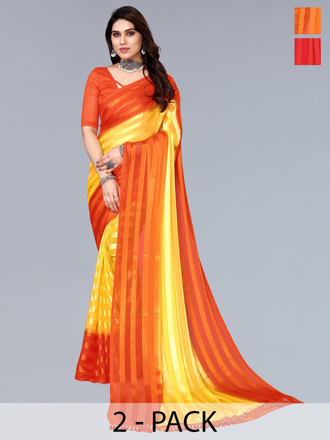 

ANAND SAREES Striped Satin Saree, Red
