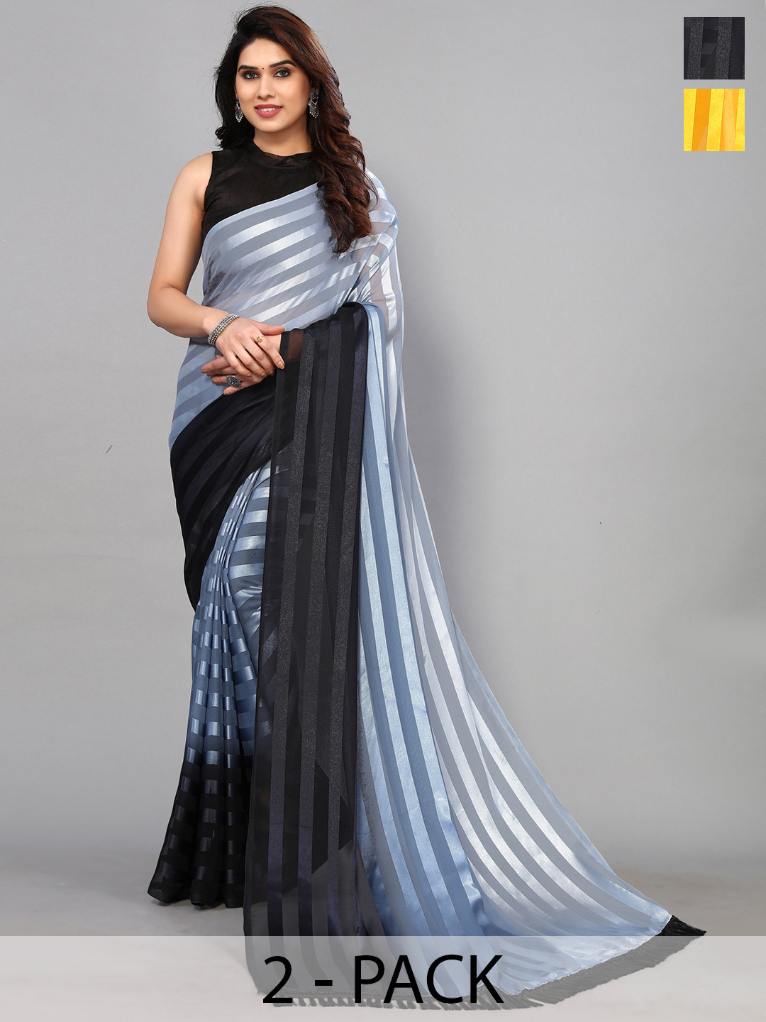 

ANAND SAREES Striped Satin Saree, Black