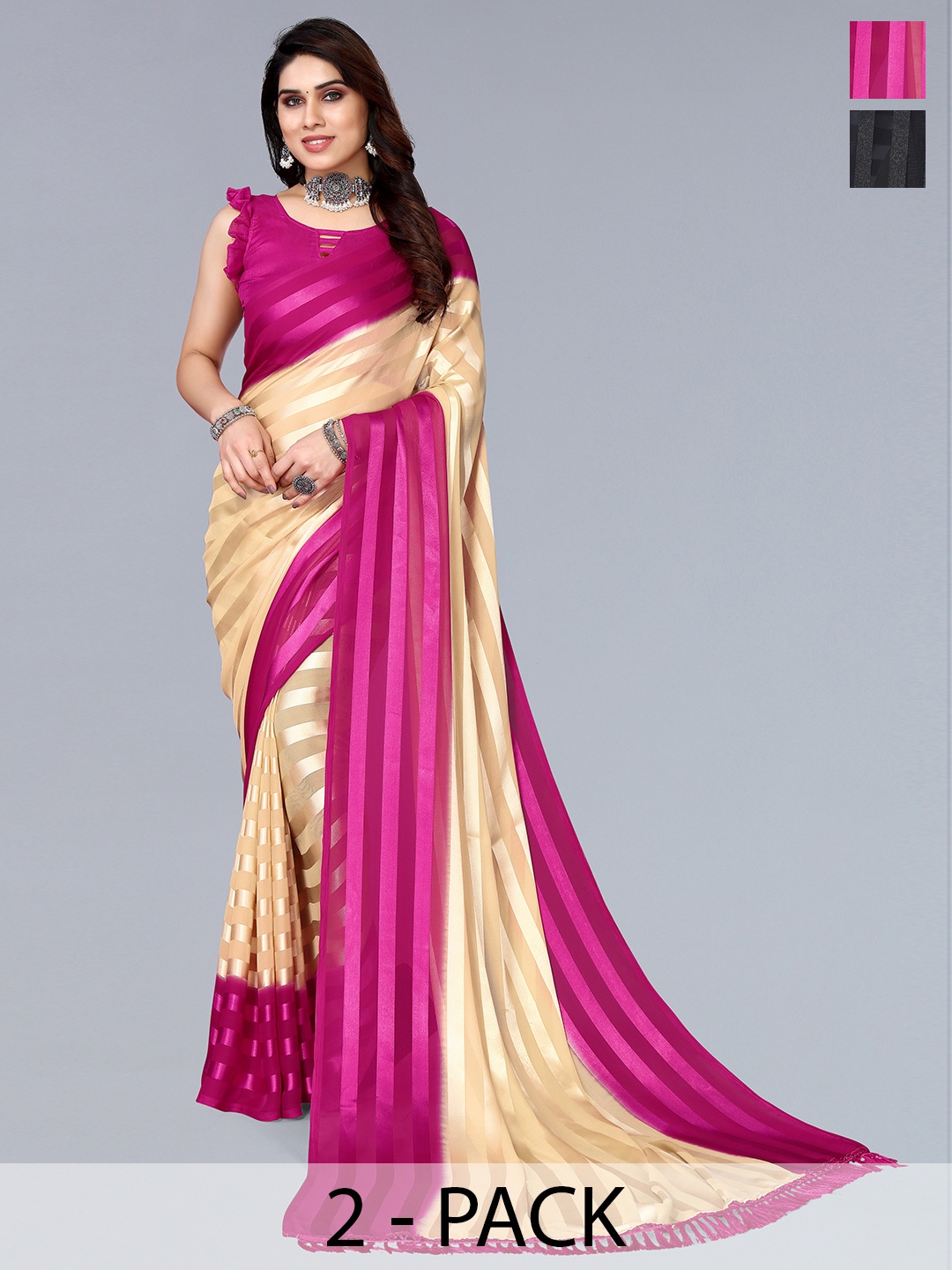 

ANAND SAREES Striped Satin Saree, Grey