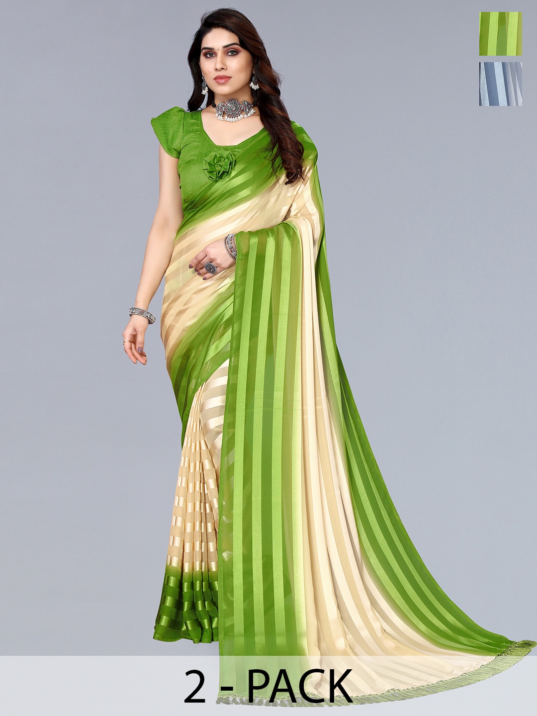 

ANAND SAREES Striped Zari Satin Saree, Grey