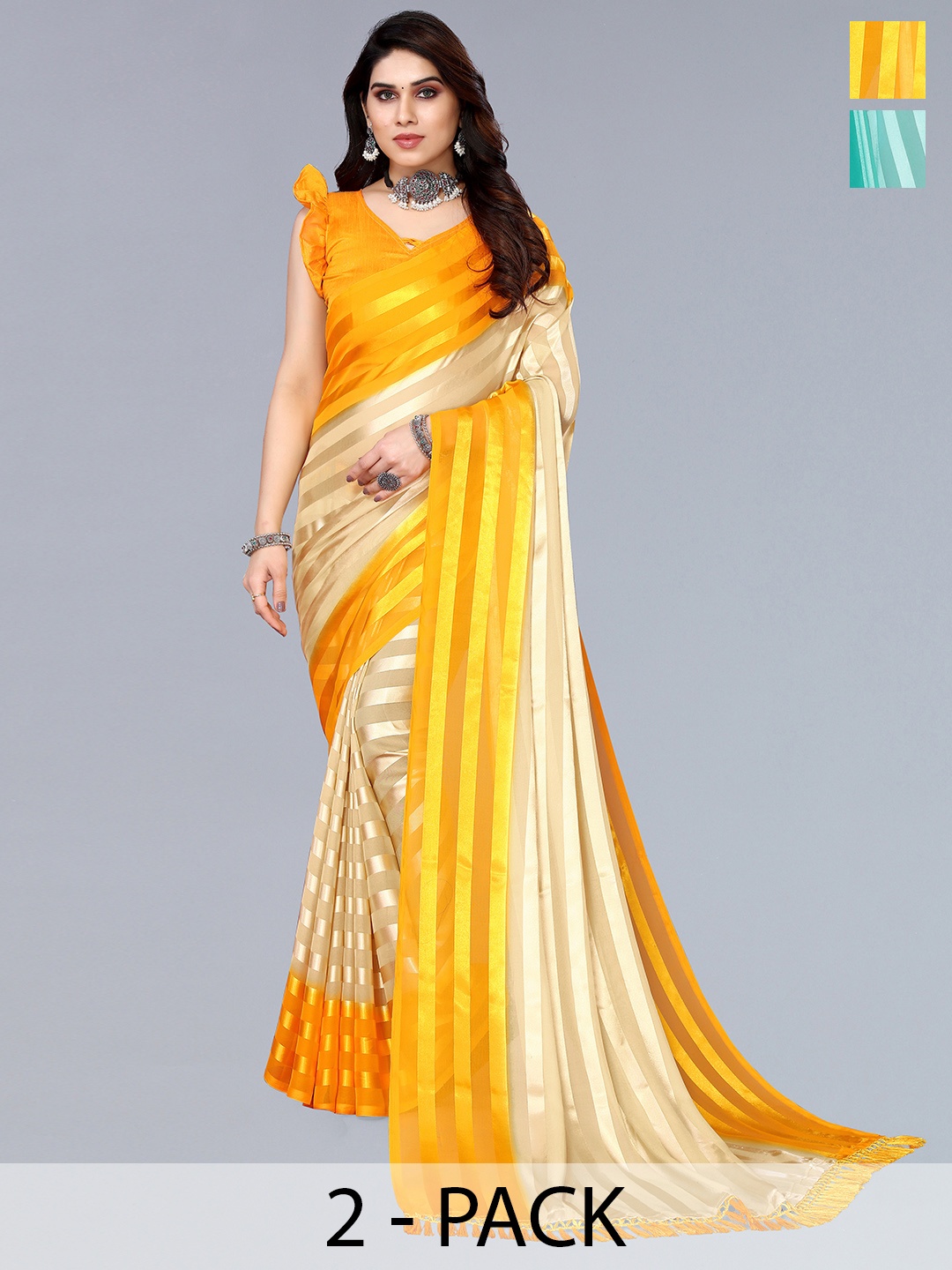 

ANAND SAREES Striped Satin Saree, Blue