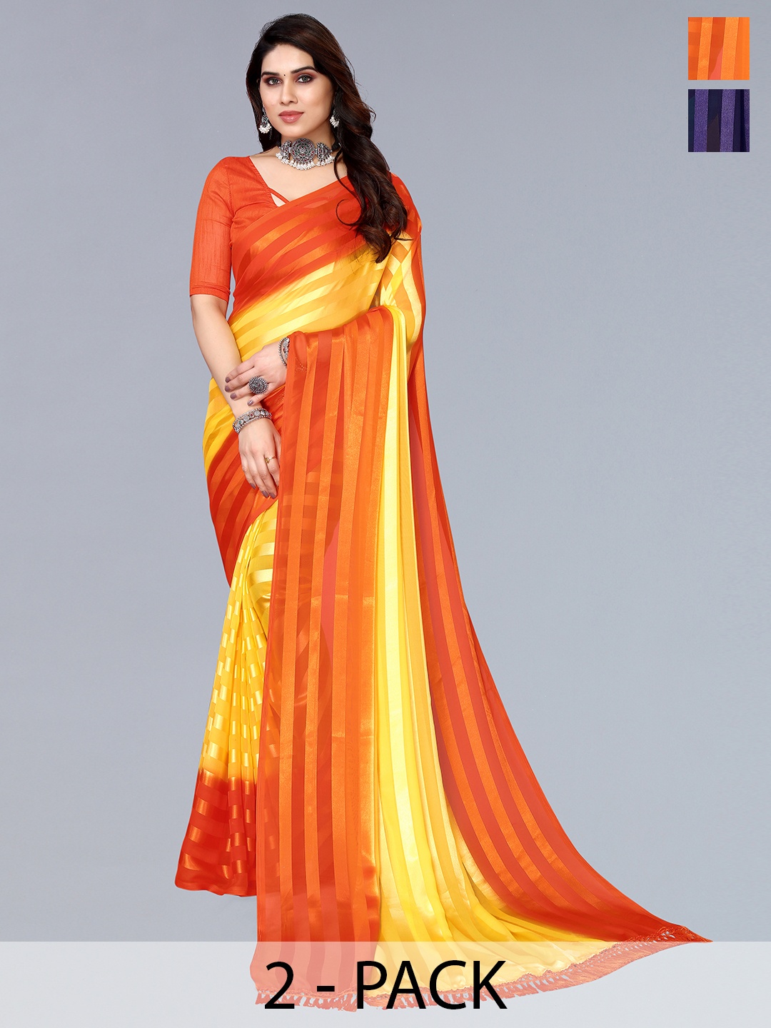 

ANAND SAREES Striped Zari Satin Saree, Yellow