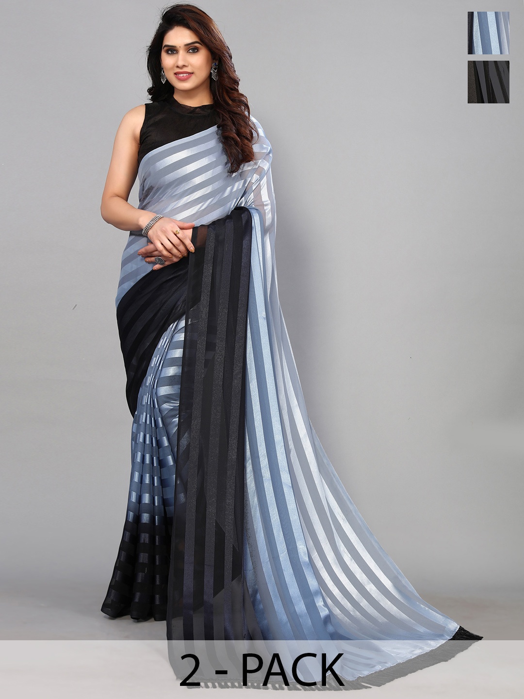 

ANAND SAREES Striped Satin Saree, Black
