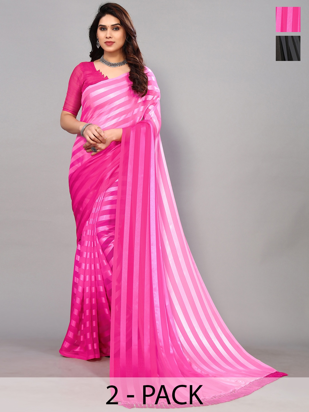 

ANAND SAREES Striped Satin Saree, Black