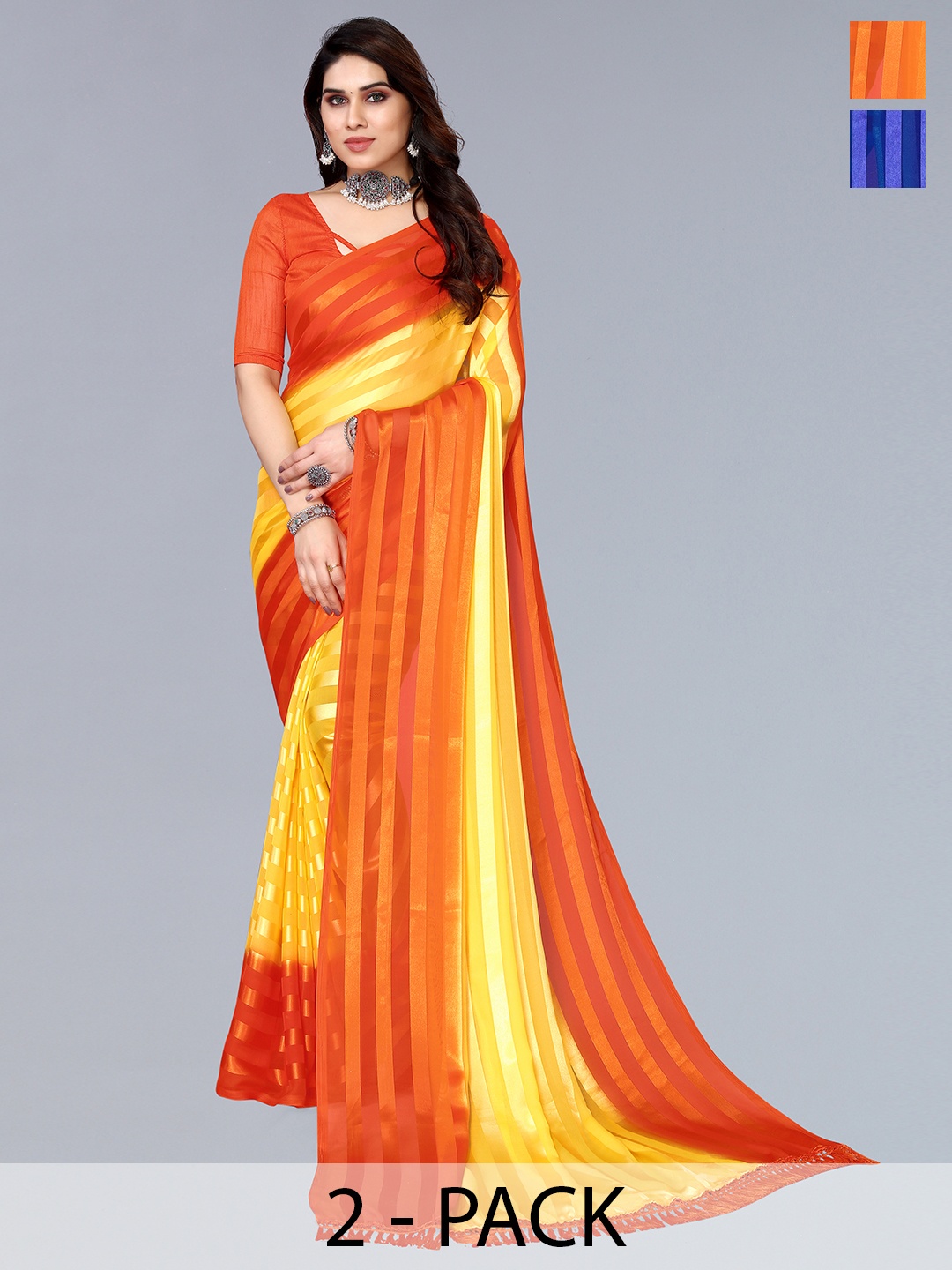 

ANAND SAREES Striped Satin Saree, Blue