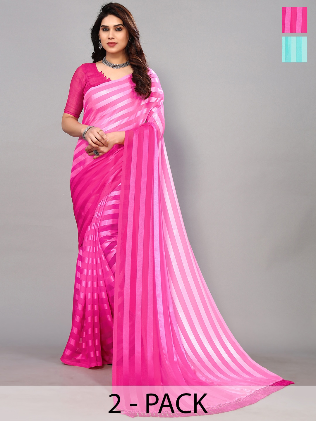 

ANAND SAREES Striped Satin Saree, Blue