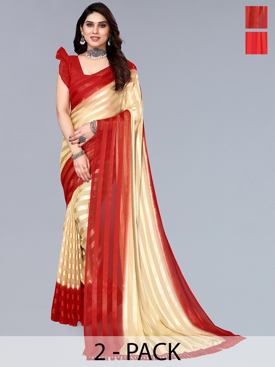 

ANAND SAREES Striped Satin Saree, Red