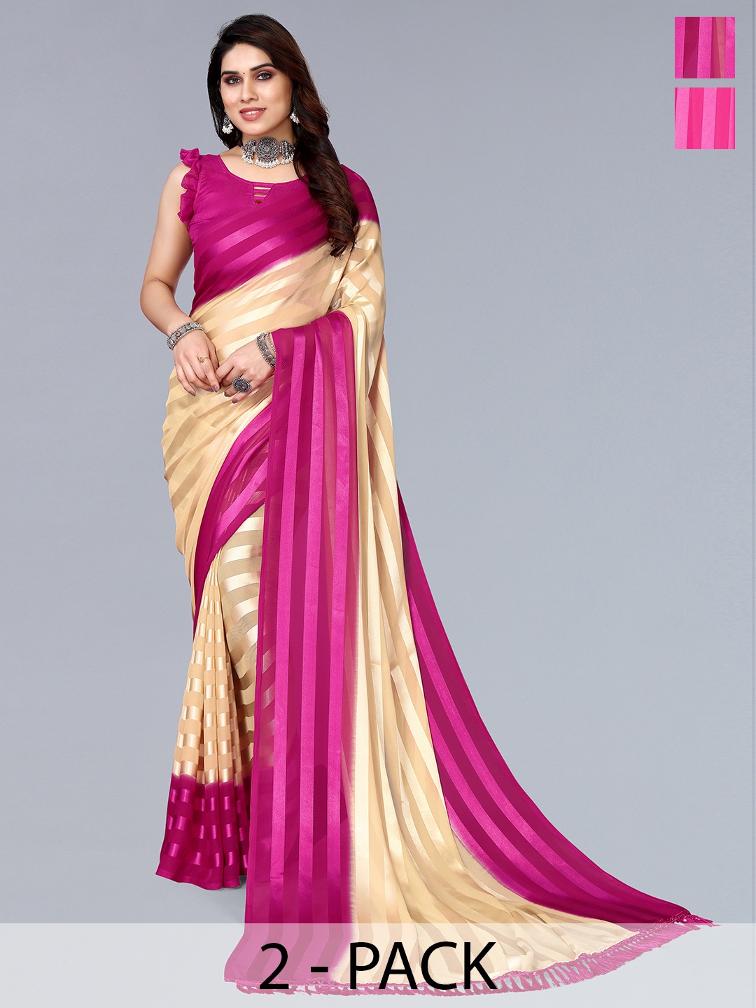 

ANAND SAREES Striped Satin Saree, Pink