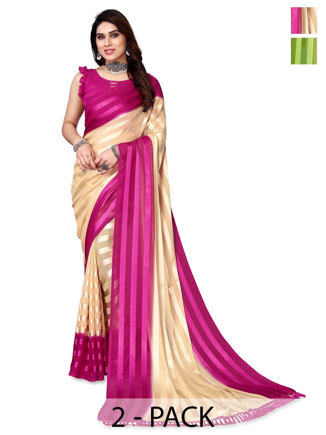 

ANAND SAREES Striped Satin Saree, Cream