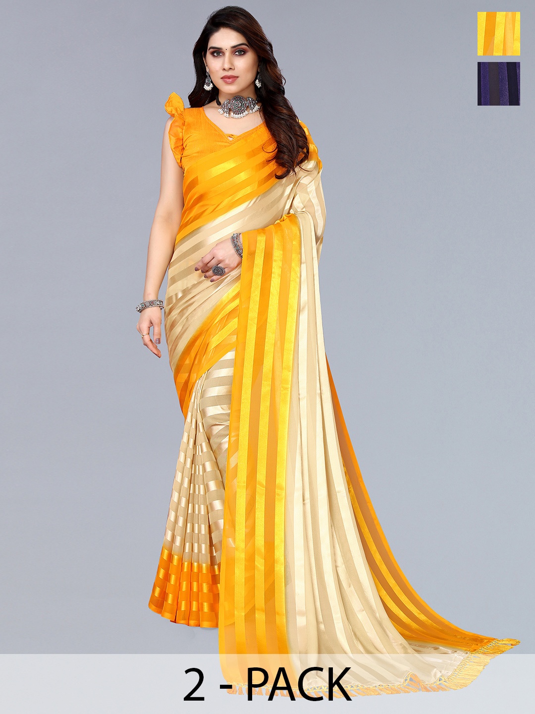 

ANAND SAREES Striped Satin Saree, Beige
