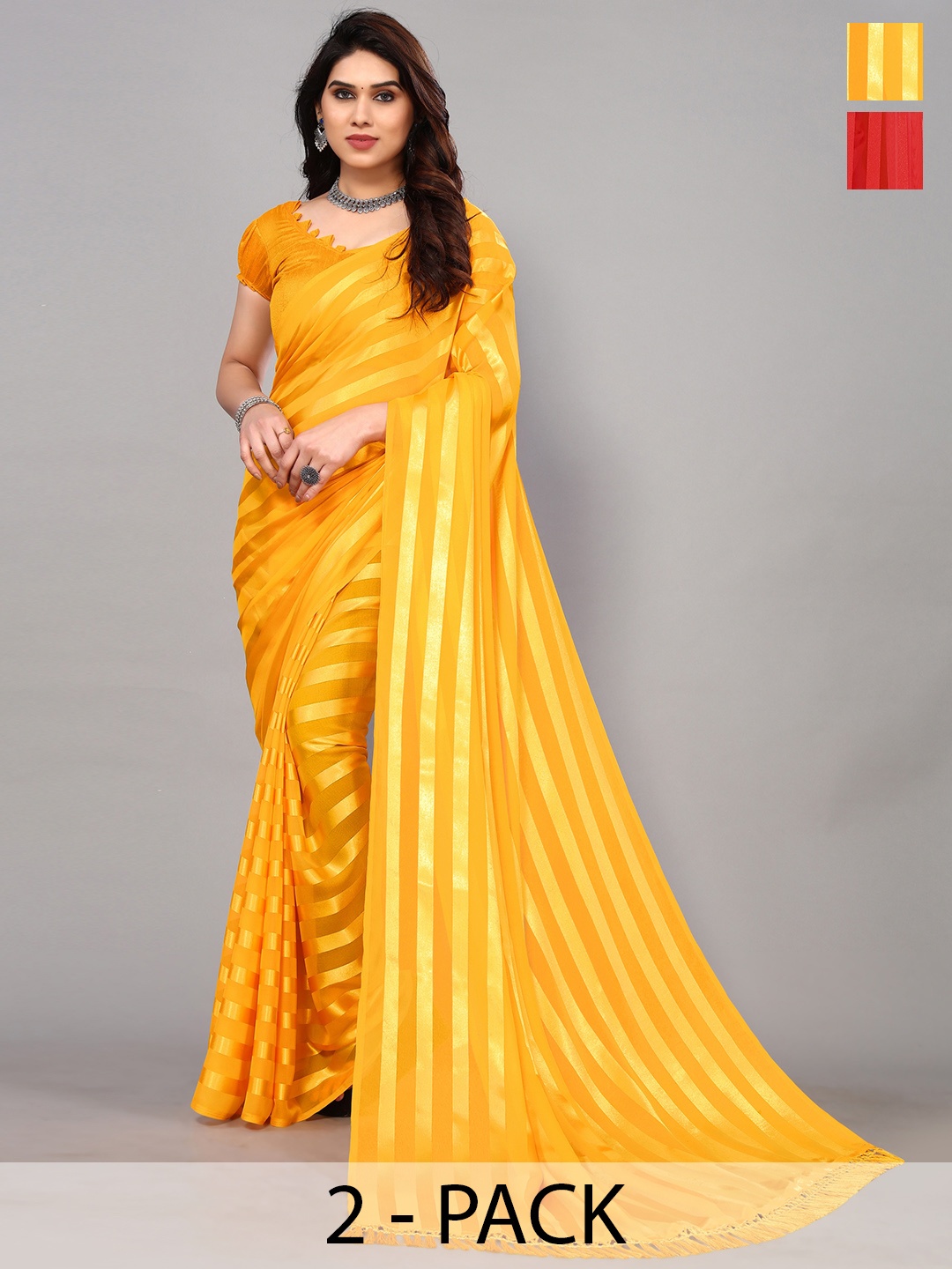 

ANAND SAREES Pack Of 2 Striped Satin Saree, Red