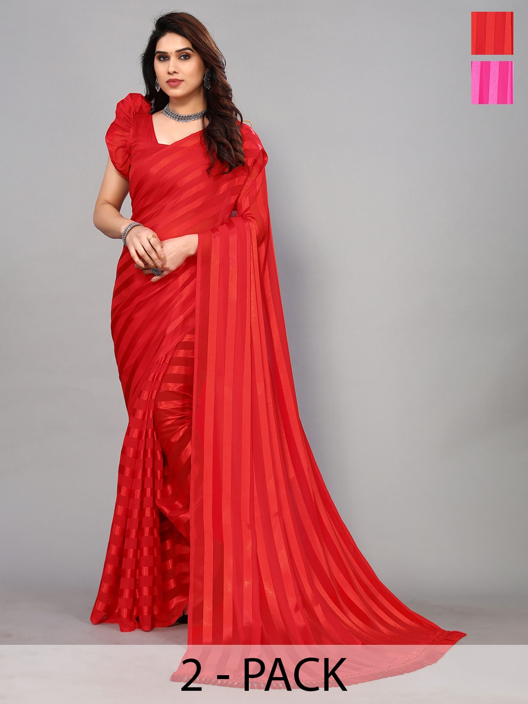 

ANAND SAREES Striped Satin Saree, Red