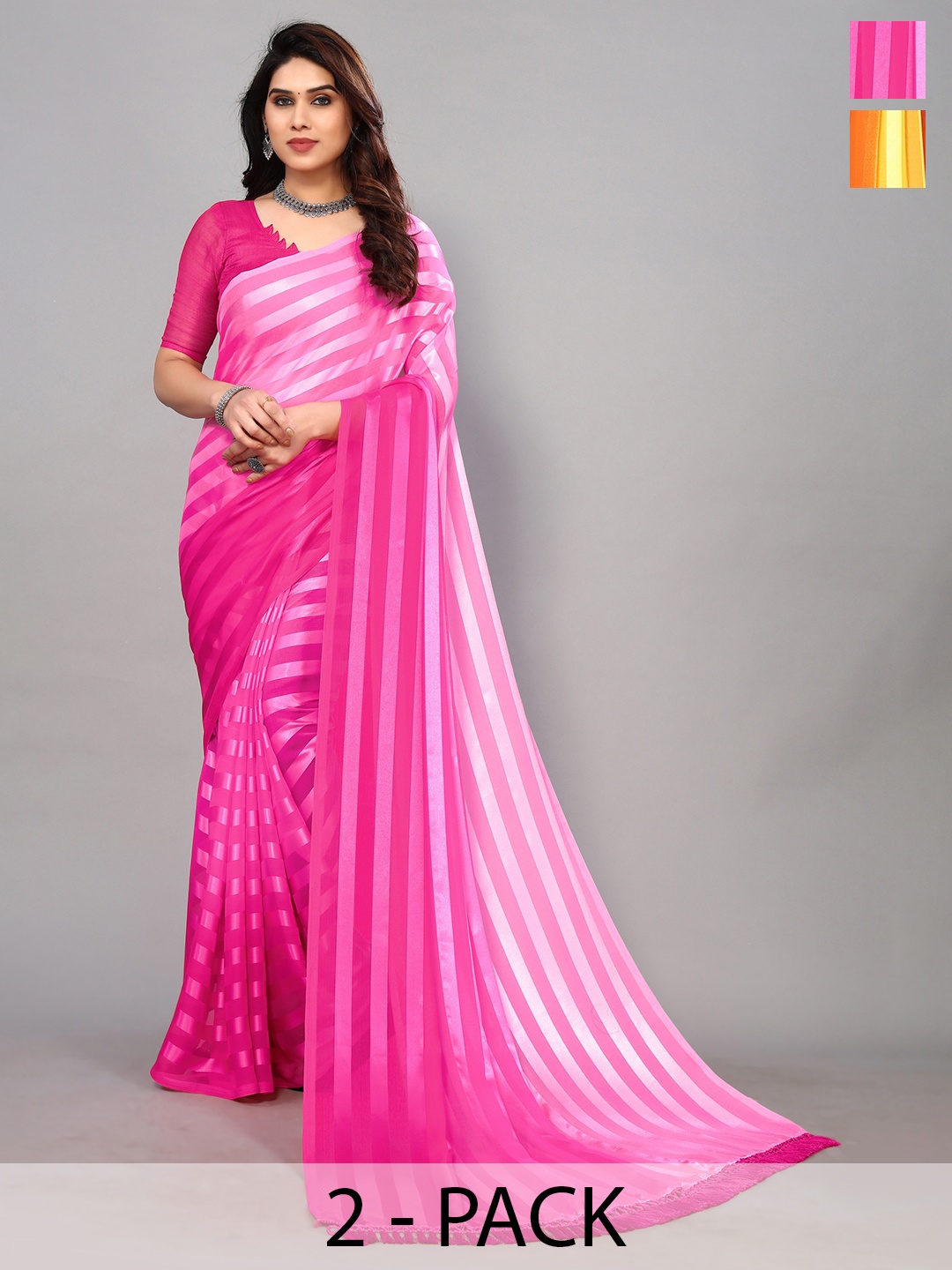 

ANAND SAREES Pack Of 2 Striped Satin Saree, Pink