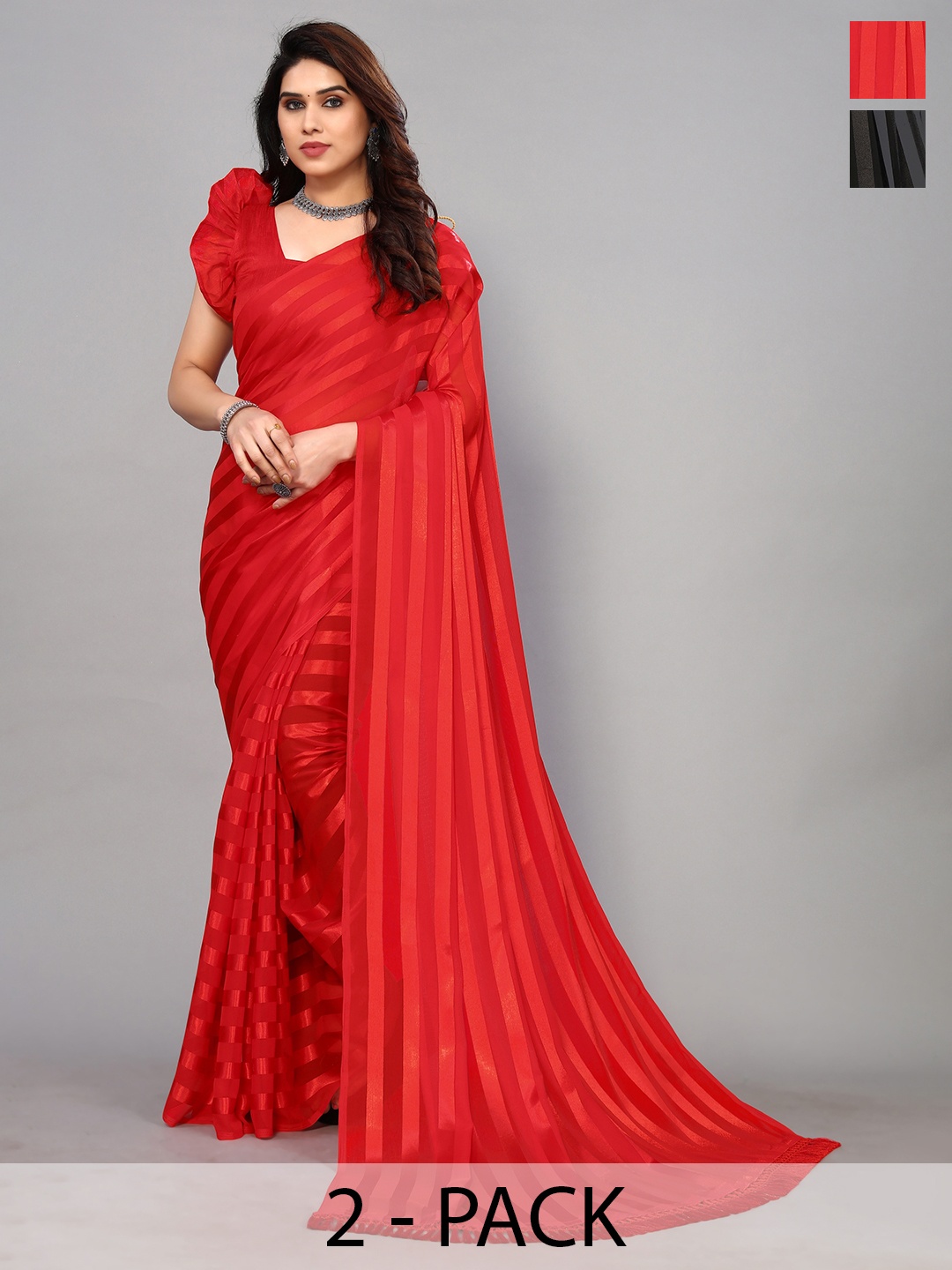 

ANAND SAREES Striped Satin Saree, Red