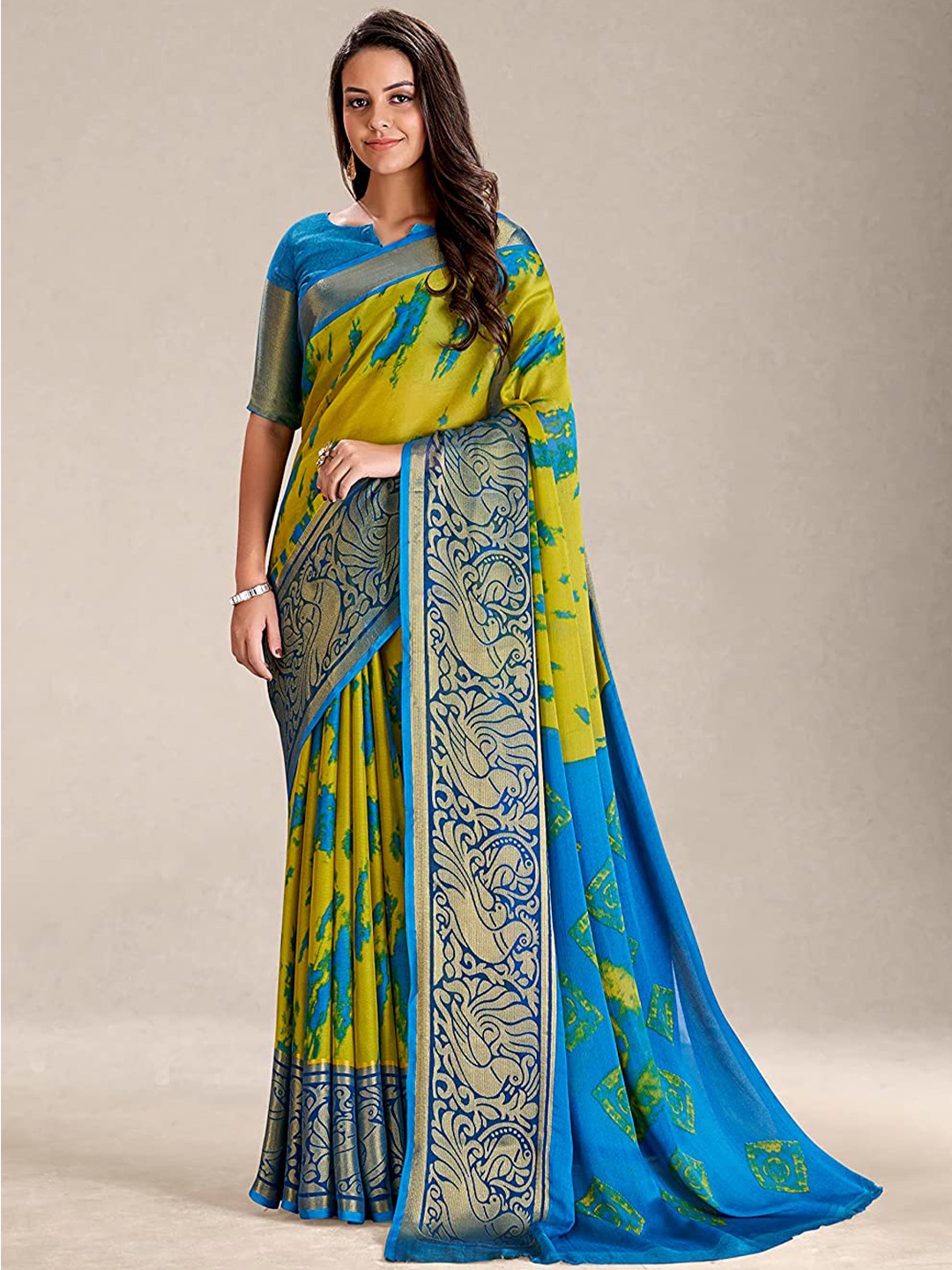 

Mitera Abstract Printed Zari Detail Saree, Mustard