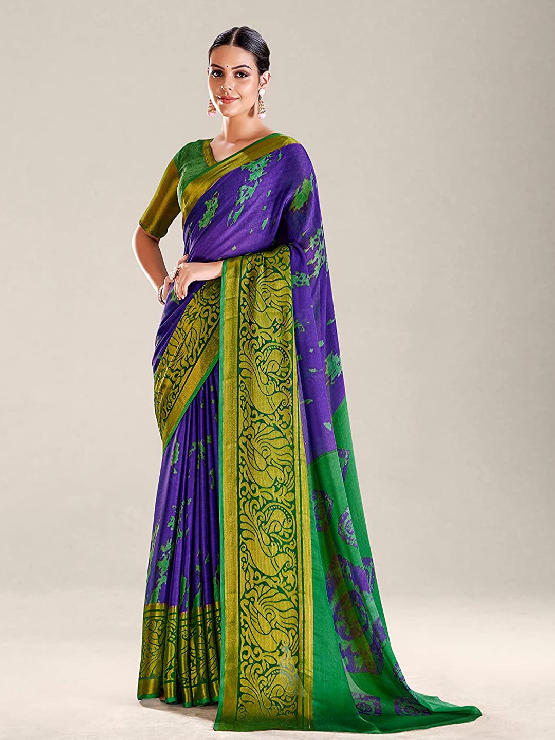 

Mitera Abstract Printed Zari Detail Saree, Purple